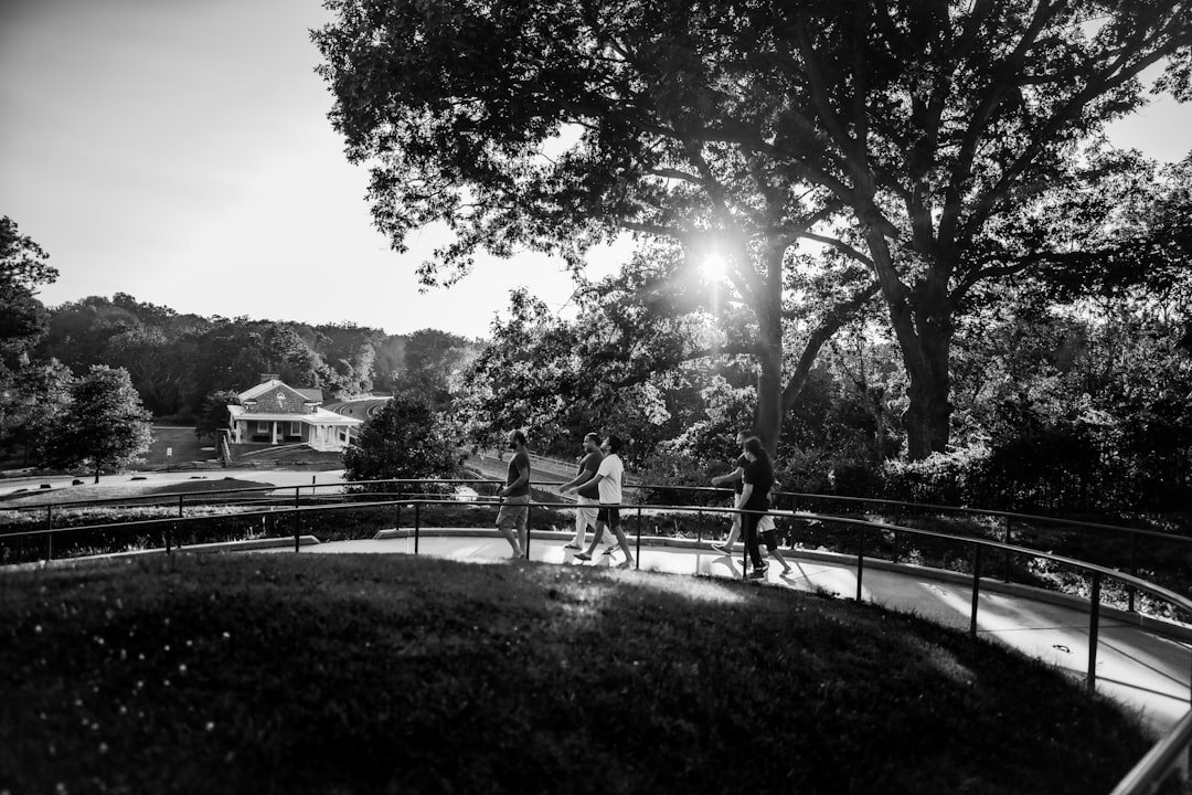 Group of active seniors walking together in a sunny park