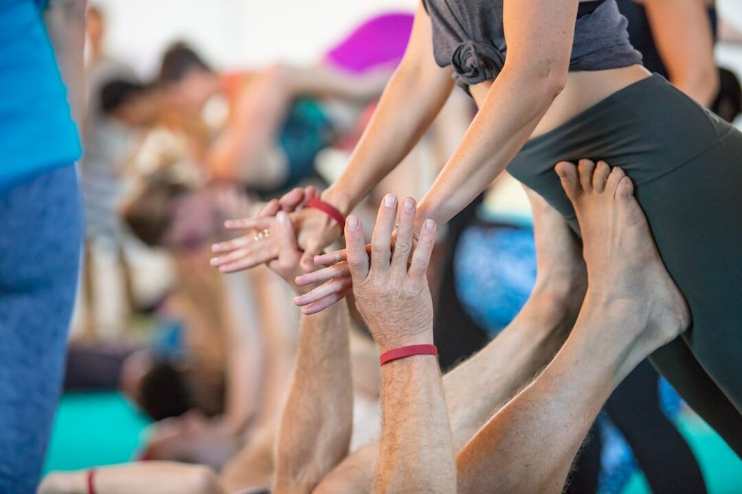 Group of seniors doing a gentle yoga class